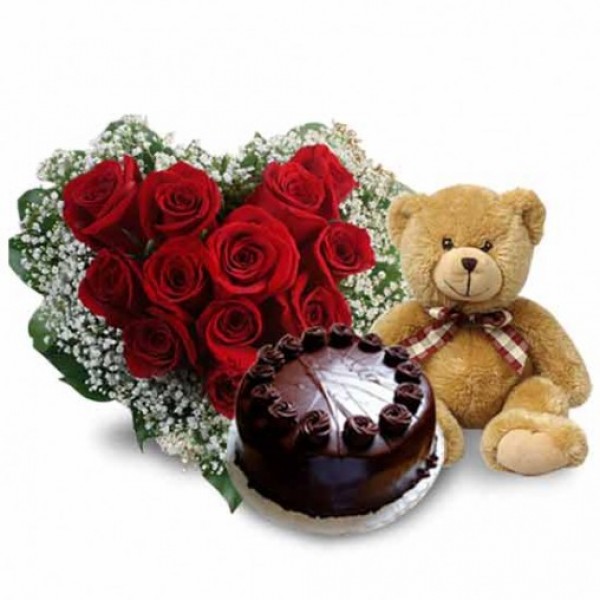15 Red Roses Heart Shaped Arrangement with Teddy (10 inch) and Half Kg Dark Chocolate Cake
